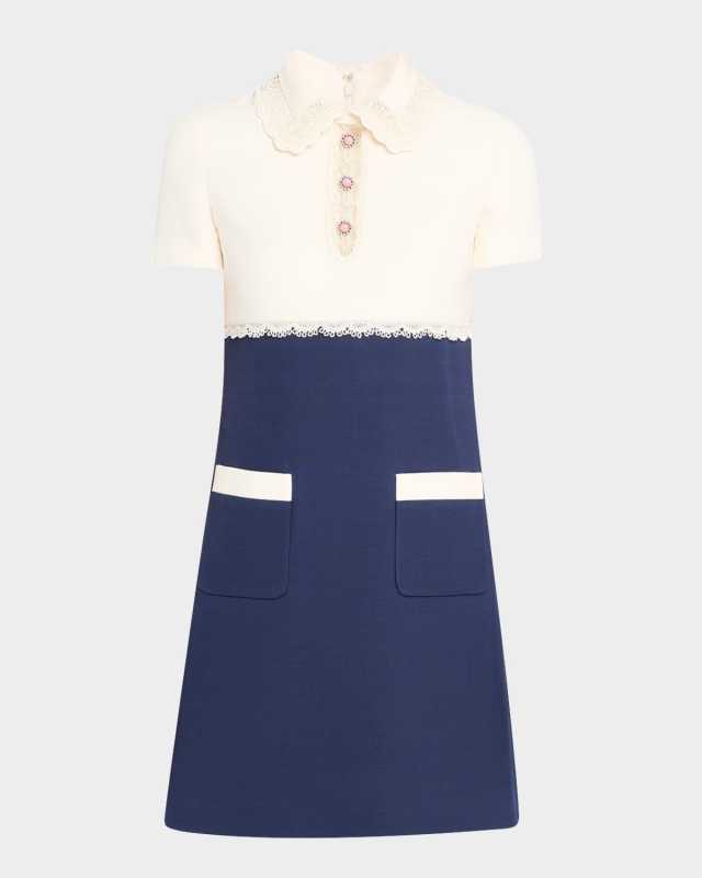 Crystal Lace Short-Sleeve Crepe Mini Polo Dress